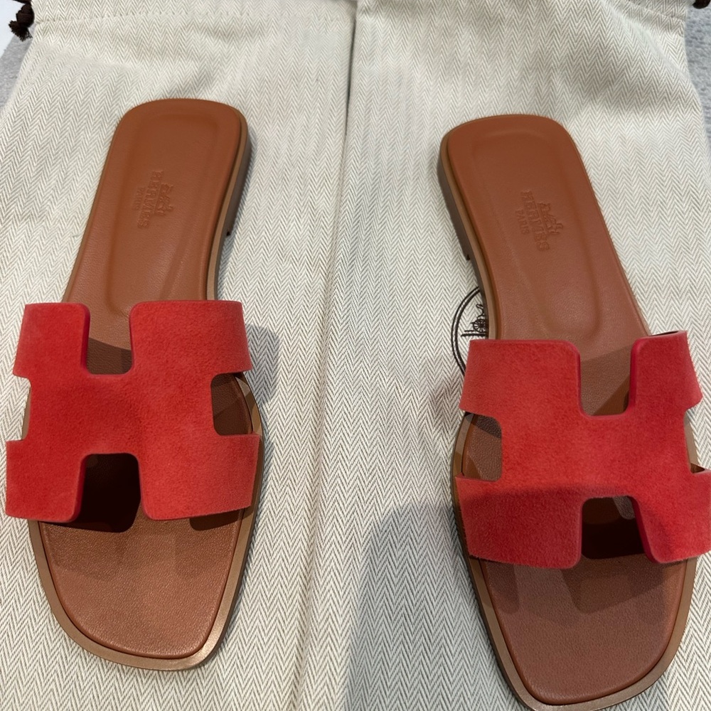Hermes Red and Brown Sandals with H-Cutout Design